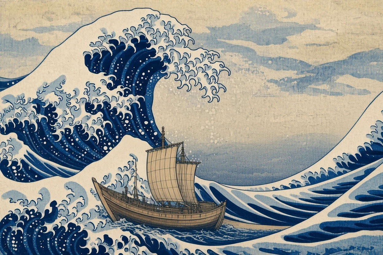 A small sailing ship holding its course through a breaking wave, in the style of a Japanese woodblock print